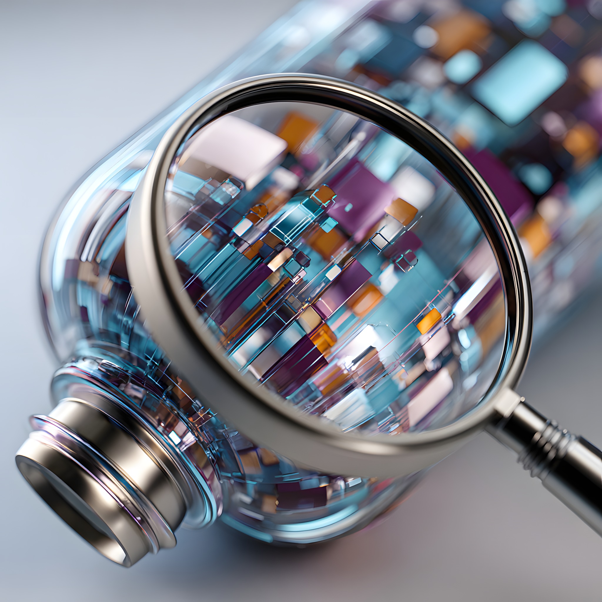 Magnifying glass examining transparent cylinder with colorful geometric blocks representing business process bottlenecks