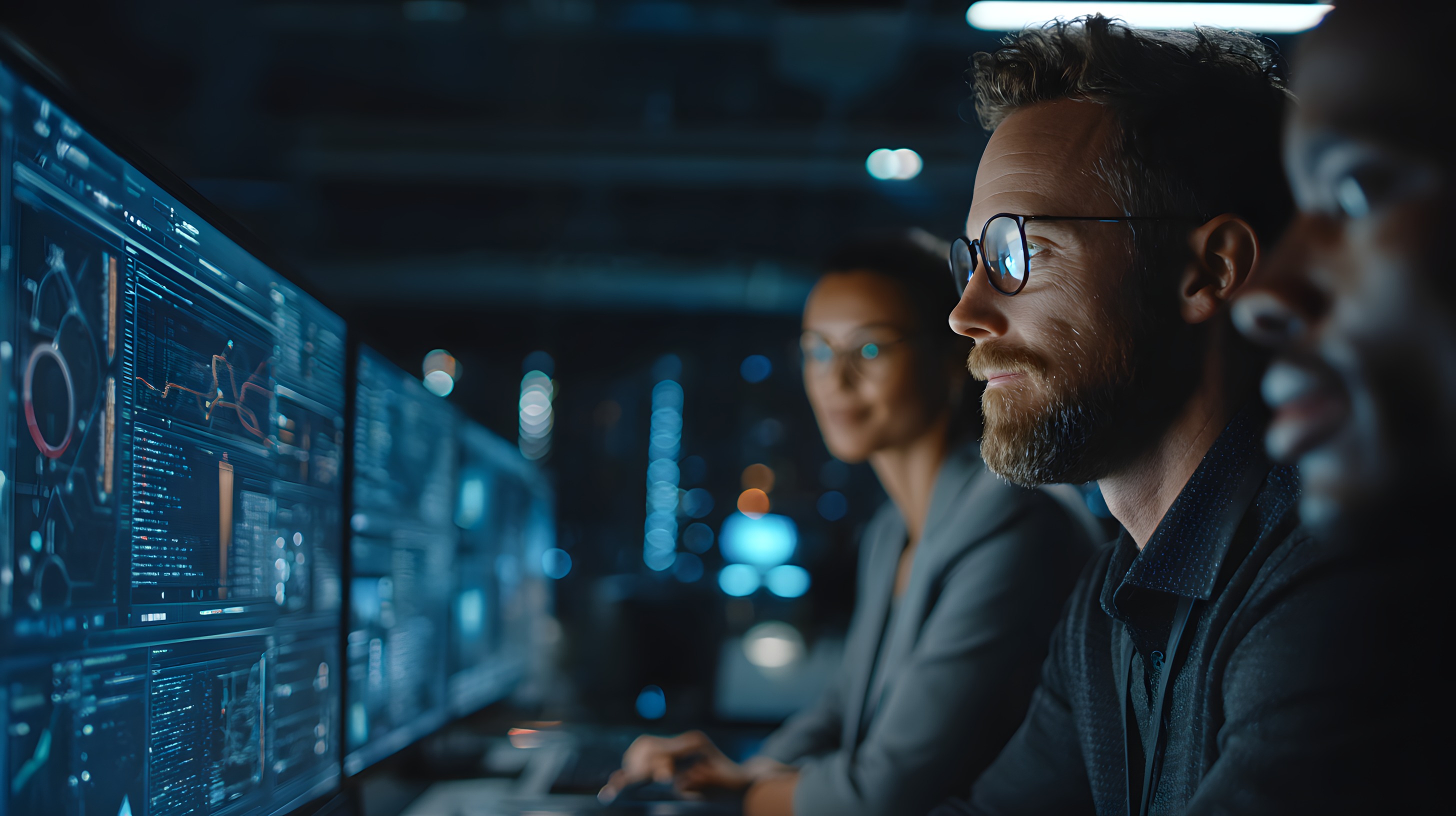Professional analyzing data on multiple monitors in collaborative workspace